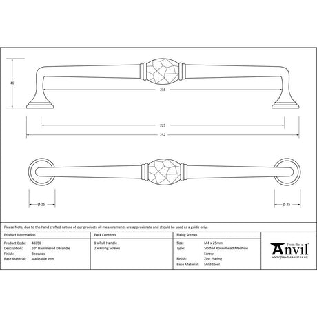 This is an image showing From The Anvil - Beeswax 10" Hammered D Handle available from trade door handles, quick delivery and discounted prices