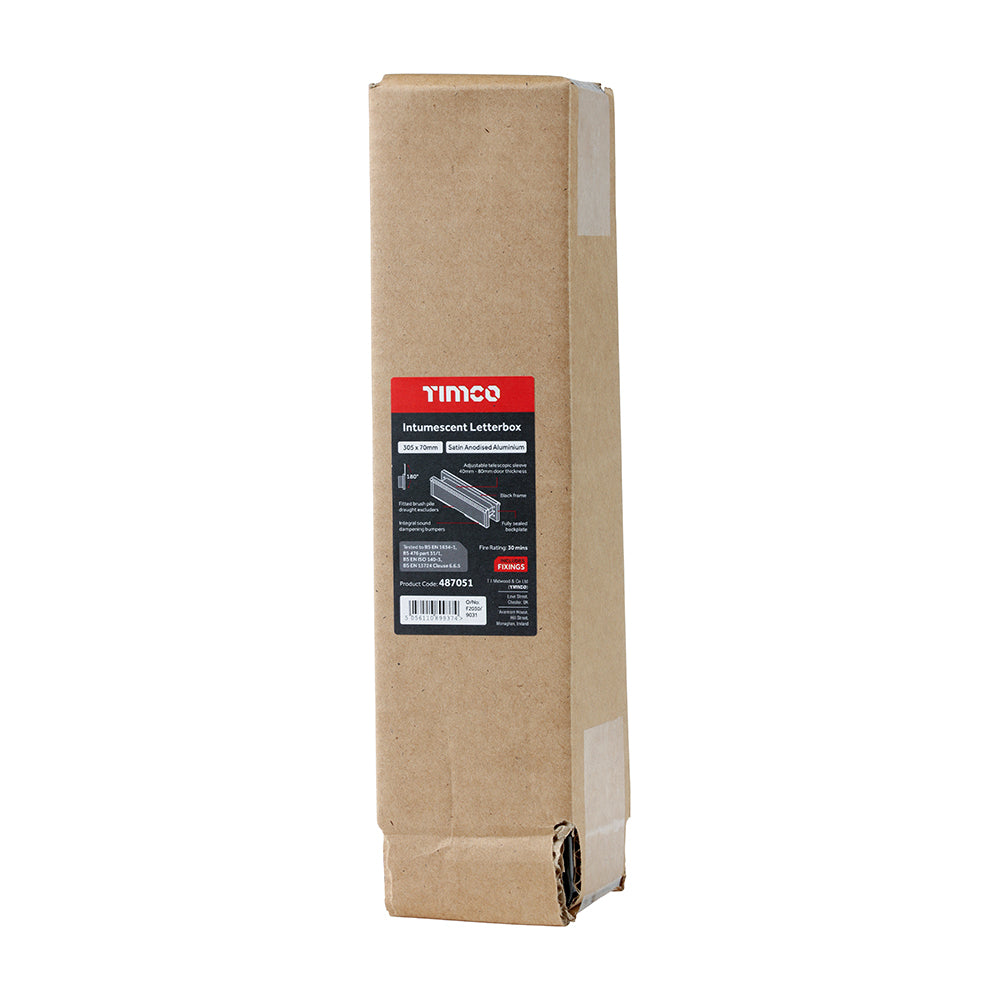 This is an image showing TIMCO Intumescent Letterbox - Satin Anodised Aluminium - Black Frame - 305 x 70 - 1 Each Box available from T.H Wiggans Ironmongery in Kendal, quick delivery at discounted prices.