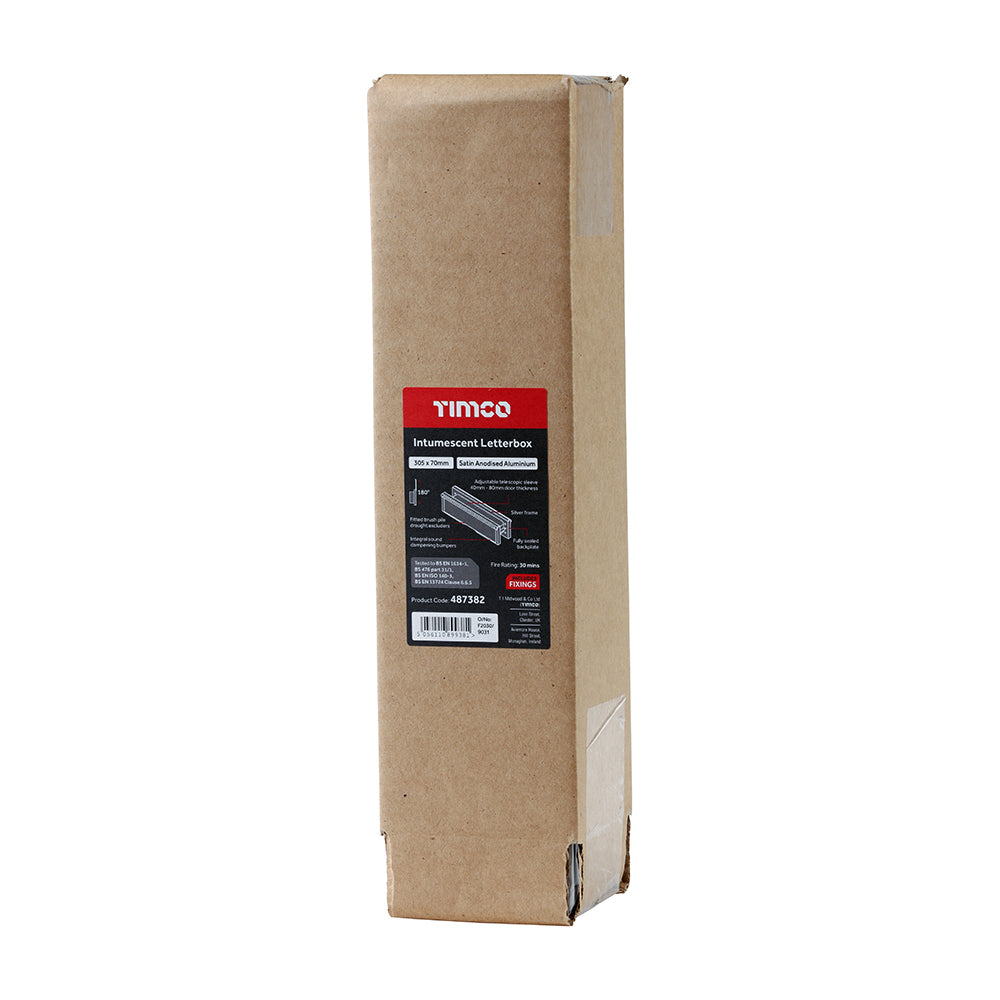This is an image showing TIMCO Intumescent Letterbox - Satin Anodised Aluminium - Silver Frame - 305 x 70 - 1 Each Box available from T.H Wiggans Ironmongery in Kendal, quick delivery at discounted prices.