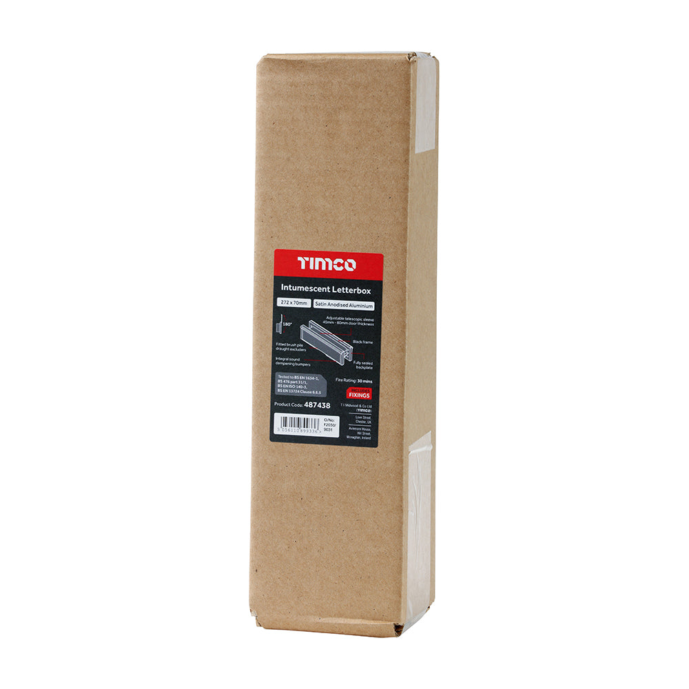 This is an image showing TIMCO Intumescent Letterbox - Satin Anodised Aluminium - Black Frame - 272 x 70 - 1 Each Box available from T.H Wiggans Ironmongery in Kendal, quick delivery at discounted prices.