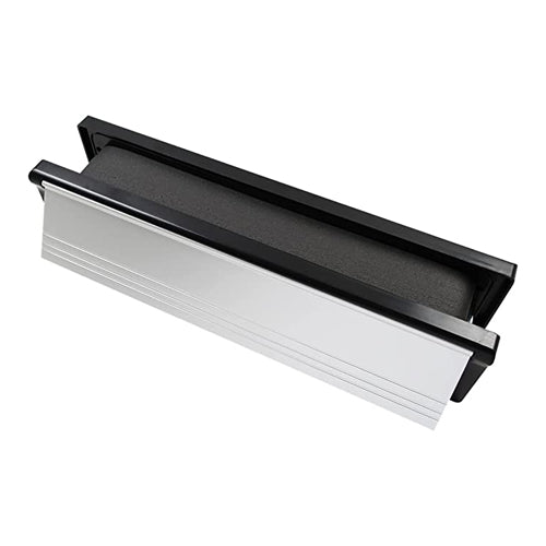 This is an image showing TIMCO Intumescent Letterbox - Polished Silver - Black Frame - 272 x 70 - 1 Each Box available from T.H Wiggans Ironmongery in Kendal, quick delivery at discounted prices.
