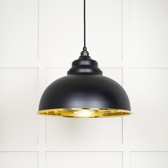 This is an image showing From The Anvil - Hammered Brass Harborne Pendant in Elan Black available from T.H Wiggans Architectural Ironmongery in Kendal, quick delivery and discounted prices