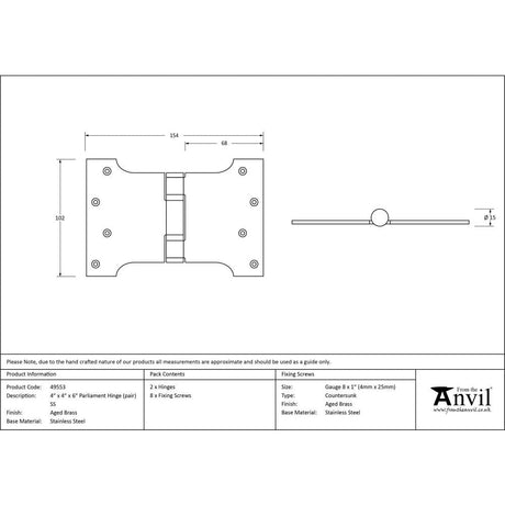 This is an image showing From The Anvil - Aged Brass 4" x 4" x 6" Parliament Hinge (pair) ss available from T.H Wiggans Architectural Ironmongery, quick delivery and discounted prices