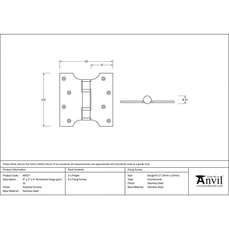 This is an image showing From The Anvil - Polished Chrome 4" x 2" x 4" Parliament Hinge (pair) ss available from T.H Wiggans Architectural Ironmongery, quick delivery and discounted prices