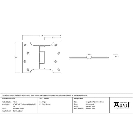 This is an image showing From The Anvil - Polished Chrome 4" x 3" x 5" Parliament Hinge (pair) ss available from T.H Wiggans Architectural Ironmongery, quick delivery and discounted prices