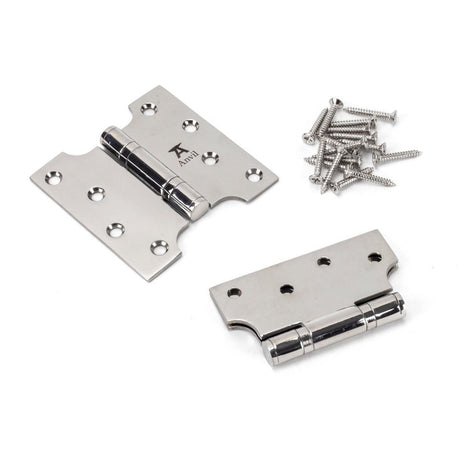 This is an image showing From The Anvil - Polished SS 4" x 2" x 4" Parliament Hinge (pair) available from T.H Wiggans Architectural Ironmongery, quick delivery and discounted prices