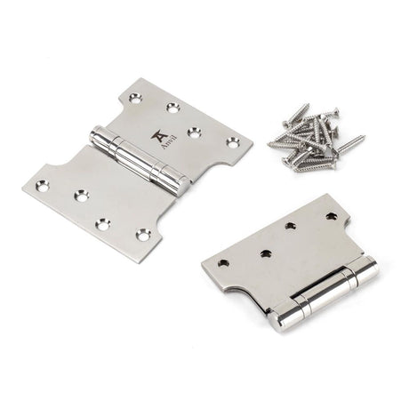 This is an image showing From The Anvil - Polished SS 4" x 3" x 5" Parliament Hinge (pair) available from T.H Wiggans Architectural Ironmongery, quick delivery and discounted prices