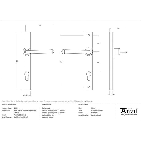 This is an image showing From The Anvil - Polished Marine SS (316) Avon Slimline Lever Espag. Lock Set available from trade door handles, quick delivery and discounted prices