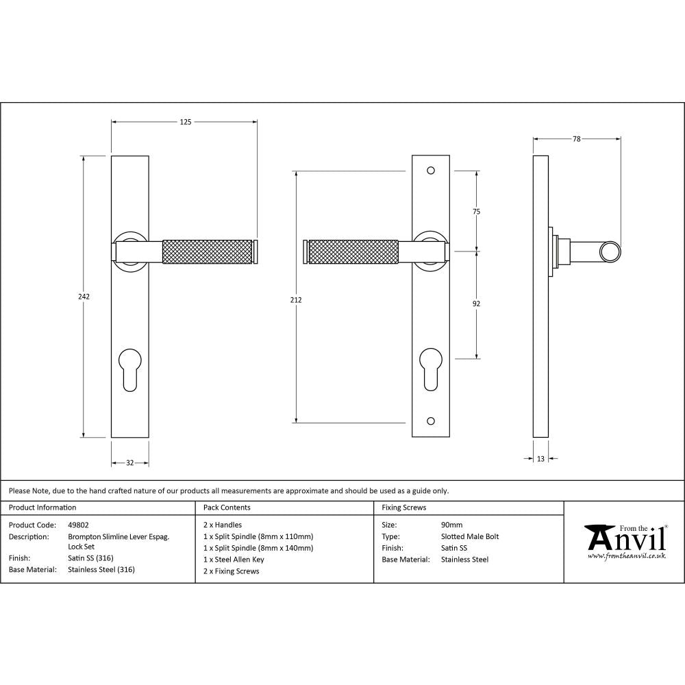 This is an image showing From The Anvil - Satin Marine SS (316) Brompton Slimline Espag. Lock Set available from trade door handles, quick delivery and discounted prices