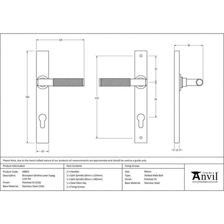 This is an image showing From The Anvil - Polished Marine SS (316) Brompton Slimline Espag. Lock Set available from trade door handles, quick delivery and discounted prices