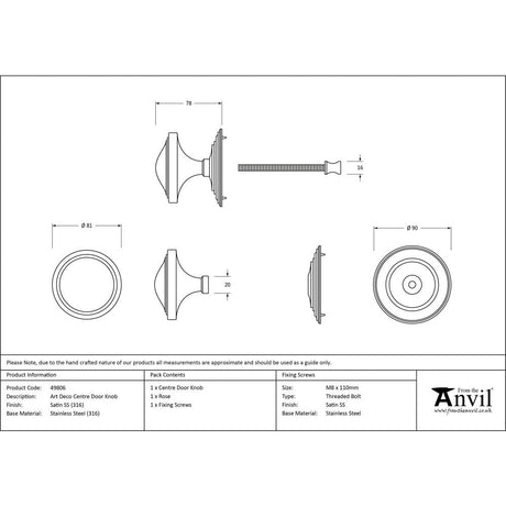 This is an image showing From The Anvil - Satin Marine SS (316) Art Deco Centre Door Knob available from trade door handles, quick delivery and discounted prices