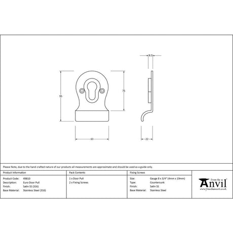 This is an image showing From The Anvil - Satin Marine SS (316) Euro Door Pull available from trade door handles, quick delivery and discounted prices