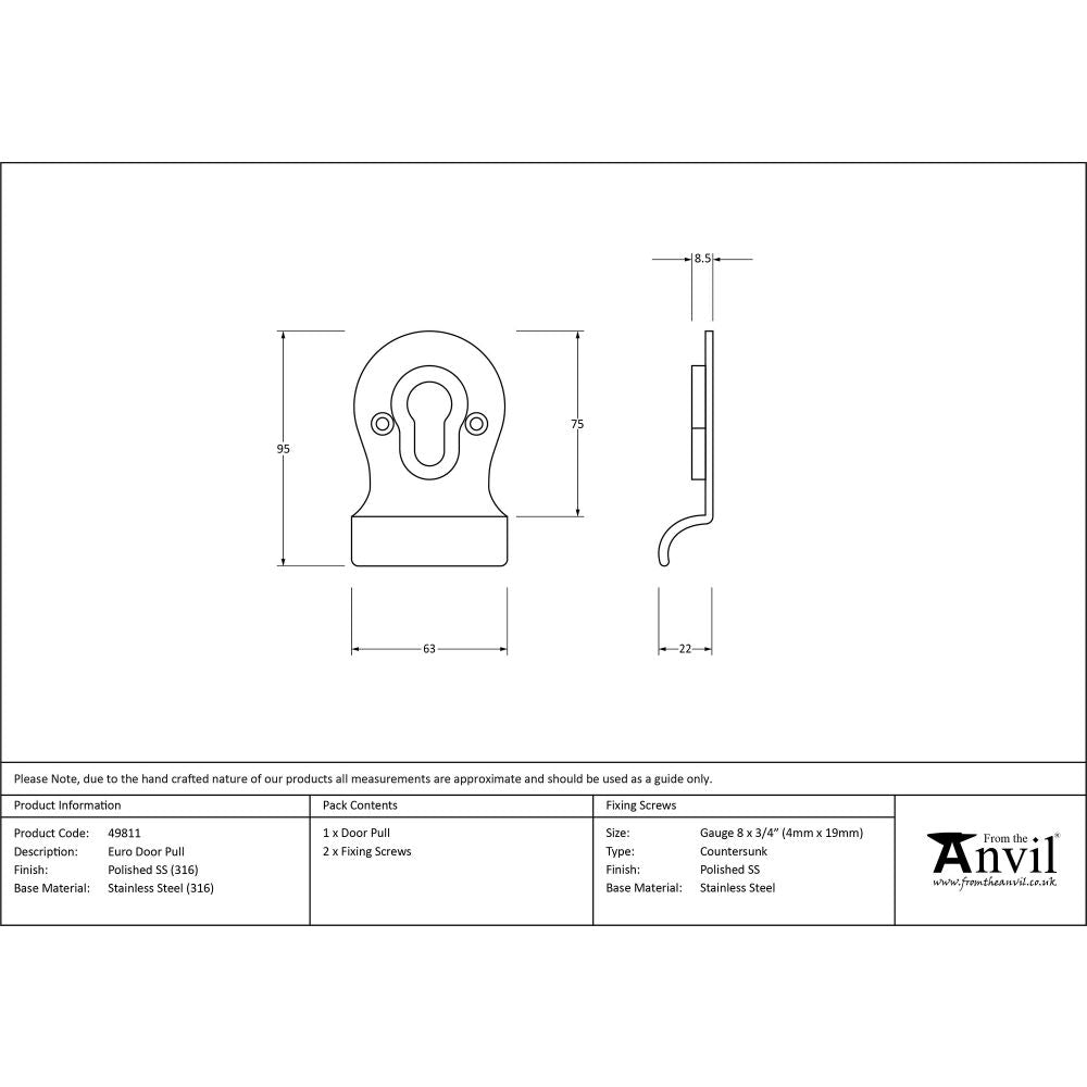 This is an image showing From The Anvil - Polished Marine SS (316) Euro Door Pull available from trade door handles, quick delivery and discounted prices