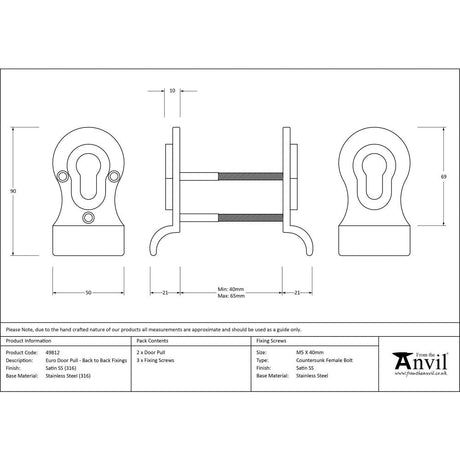 This is an image showing From The Anvil - Satin Marine SS (316) 50mm Euro Door Pull (Back to Back fixings available from trade door handles, quick delivery and discounted prices