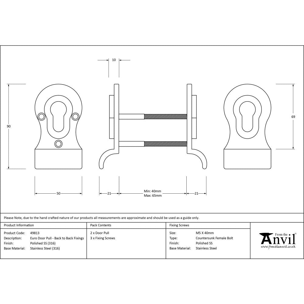 This is an image showing From The Anvil - Polished Marine SS (316) 50mm Euro Door Pull (Back to Back fixi available from trade door handles, quick delivery and discounted prices