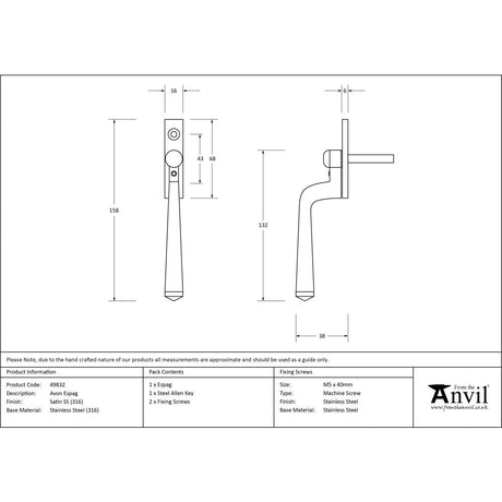 This is an image showing From The Anvil - Satin Marine SS (316) Avon Espag available from T.H Wiggans Architectural Ironmongery in Kendal, quick delivery and discounted prices