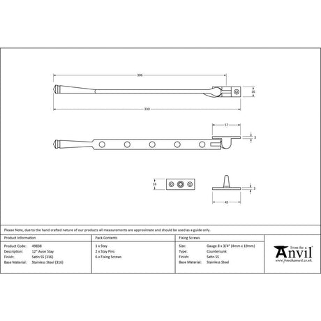 This is an image showing From The Anvil - Satin Marine SS (316) 12" Avon Stay available from T.H Wiggans Architectural Ironmongery in Kendal, quick delivery and discounted prices