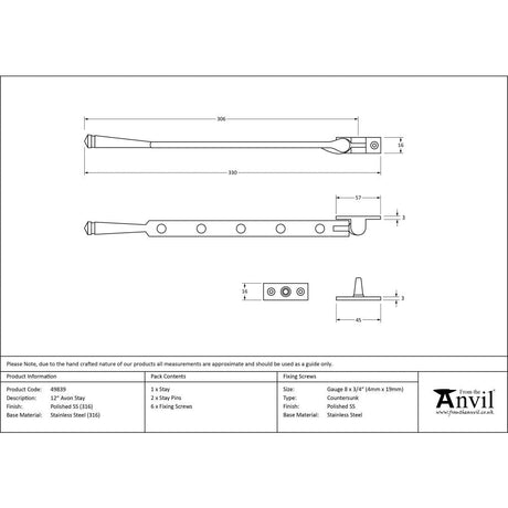 This is an image showing From The Anvil - Polished Marine SS (316) 12" Avon Stay available from T.H Wiggans Architectural Ironmongery in Kendal, quick delivery and discounted prices