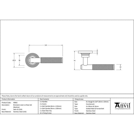 This is an image showing From The Anvil - Satin Marine SS (316) Brompton Lever on Rose Set (Beehive) available from trade door handles, quick delivery and discounted prices