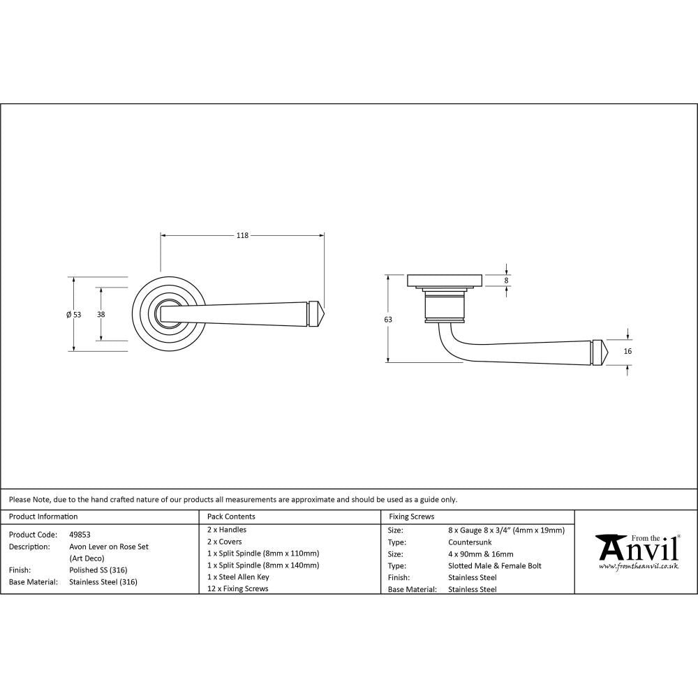 This is an image showing From The Anvil - Polished Marine SS (316) Avon Round Lever on Rose Set (Art Deco available from trade door handles, quick delivery and discounted prices