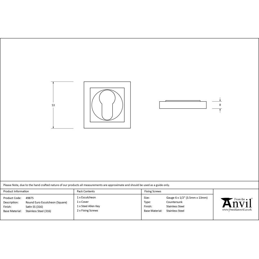 This is an image showing From The Anvil - Satin Marine SS (316) Round Euro Escutcheon (Square) available from trade door handles, quick delivery and discounted prices