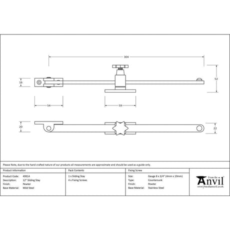 This is an image showing From The Anvil - Pewter 12" Sliding Stay available from T.H Wiggans Architectural Ironmongery in Kendal, quick delivery and discounted prices