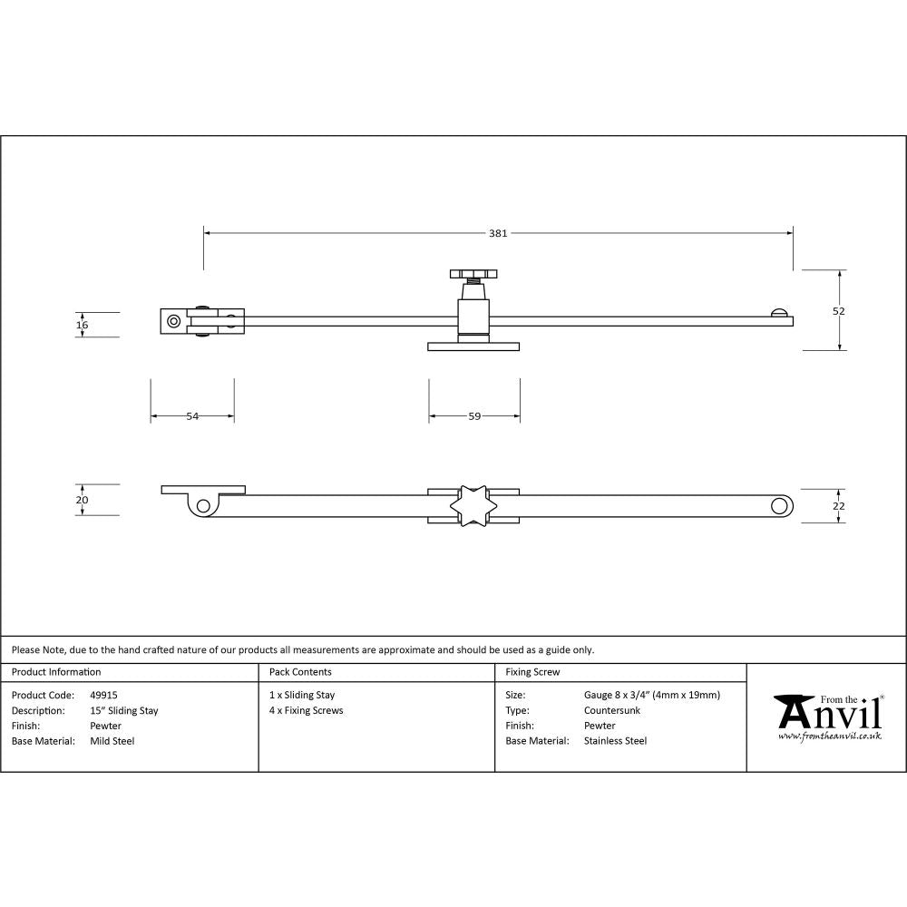 This is an image showing From The Anvil - Pewter 15" Sliding Stay available from T.H Wiggans Architectural Ironmongery in Kendal, quick delivery and discounted prices