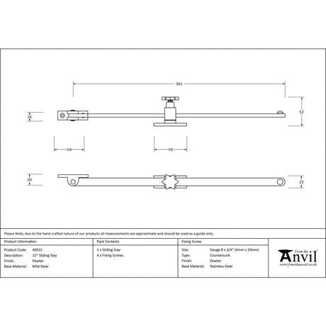 This is an image showing From The Anvil - Pewter 15" Sliding Stay available from T.H Wiggans Architectural Ironmongery in Kendal, quick delivery and discounted prices