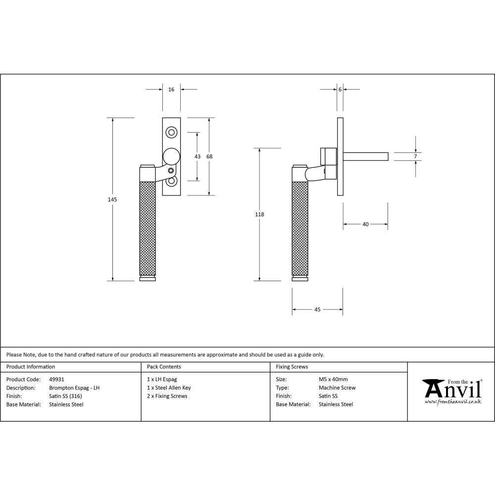 This is an image showing From The Anvil - Satin Marine SS (316) Brompton Espag - LH available from T.H Wiggans Architectural Ironmongery in Kendal, quick delivery and discounted prices