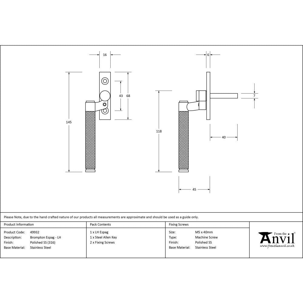 This is an image showing From The Anvil - Polished Marine SS (316) Brompton Espag - LH available from T.H Wiggans Architectural Ironmongery in Kendal, quick delivery and discounted prices