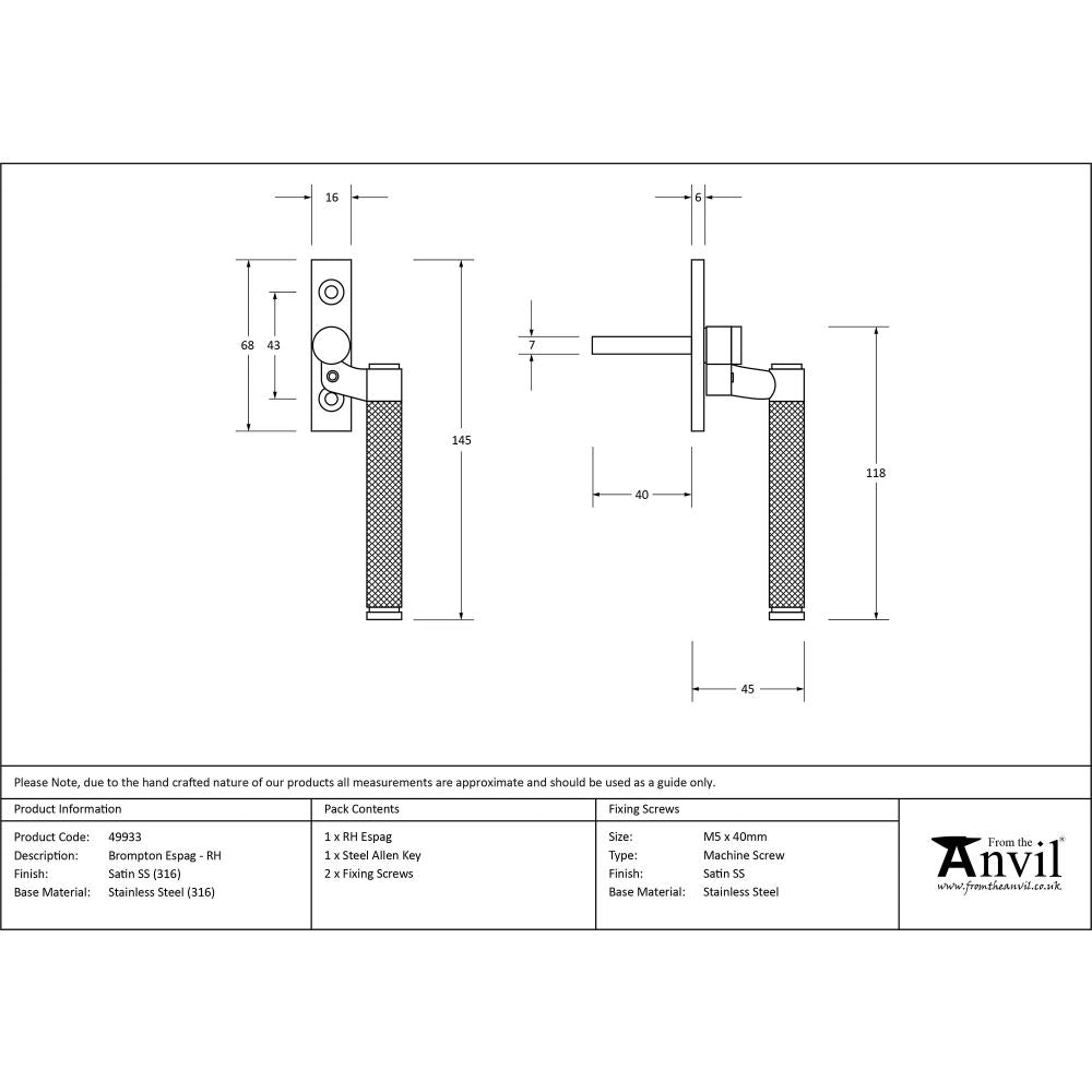 This is an image showing From The Anvil - Satin Marine SS (316) Brompton Espag - RH available from T.H Wiggans Architectural Ironmongery in Kendal, quick delivery and discounted prices