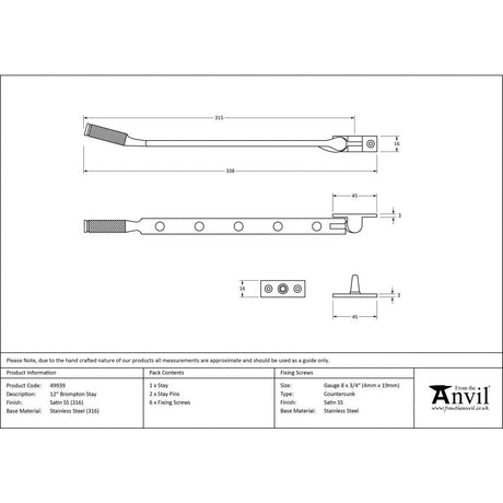 This is an image showing From The Anvil - Satin Marine SS (316) 12" Brompton Stay available from T.H Wiggans Architectural Ironmongery in Kendal, quick delivery and discounted prices