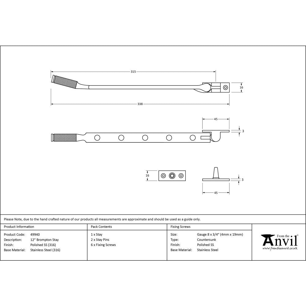 This is an image showing From The Anvil - Polished Marine SS (316) 12" Brompton Stay available from T.H Wiggans Architectural Ironmongery in Kendal, quick delivery and discounted prices