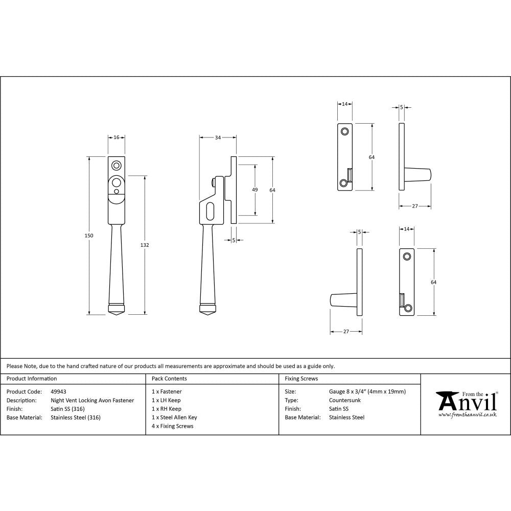 This is an image showing From The Anvil - Satin Marine SS (316) Night-Vent Locking Avon Fastener available from T.H Wiggans Architectural Ironmongery in Kendal, quick delivery and discounted prices