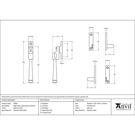 This is an image showing From The Anvil - Satin Marine SS (316) Night-Vent Locking Avon Fastener available from T.H Wiggans Architectural Ironmongery in Kendal, quick delivery and discounted prices