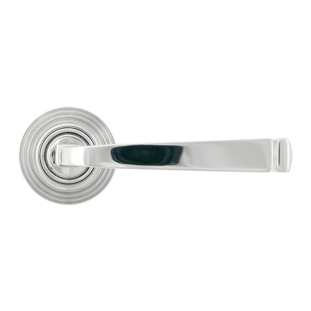 This is an image showing From The Anvil - Polished Chrome Avon Round Lever on Rose Set (Beehive) - Unspru available from trade door handles, quick delivery and discounted prices