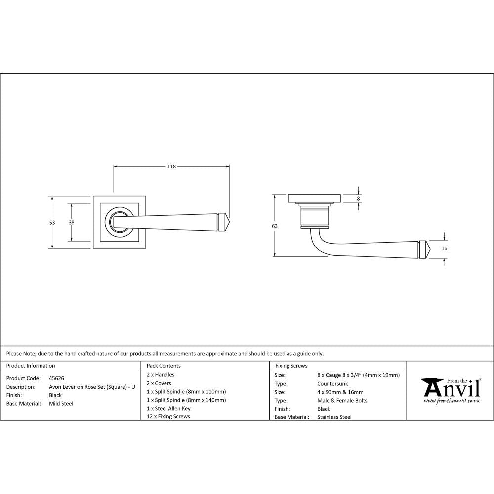 This is an image showing From The Anvil - Black Avon Round Lever on Rose Set (Square) - Unsprung available from trade door handles, quick delivery and discounted prices