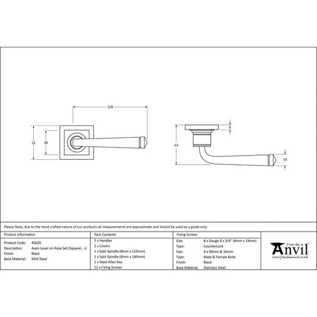 This is an image showing From The Anvil - Black Avon Round Lever on Rose Set (Square) - Unsprung available from trade door handles, quick delivery and discounted prices