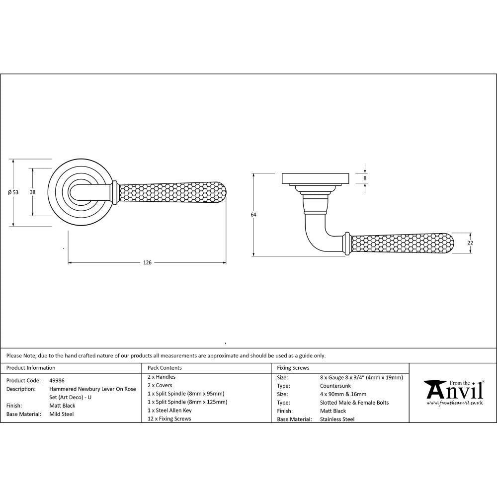 This is an image showing From The Anvil - Matt Black Hammered Newbury Lever on Rose Set (Art Deco) - Unsp available from trade door handles, quick delivery and discounted prices