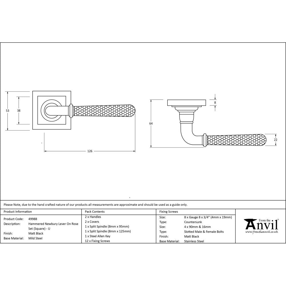 This is an image showing From The Anvil - Matt Black Hammered Newbury Lever on Rose Set (Square) - Unspru available from trade door handles, quick delivery and discounted prices