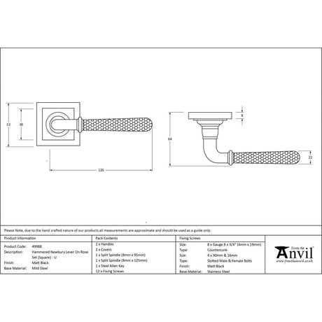 This is an image showing From The Anvil - Matt Black Hammered Newbury Lever on Rose Set (Square) - Unspru available from trade door handles, quick delivery and discounted prices