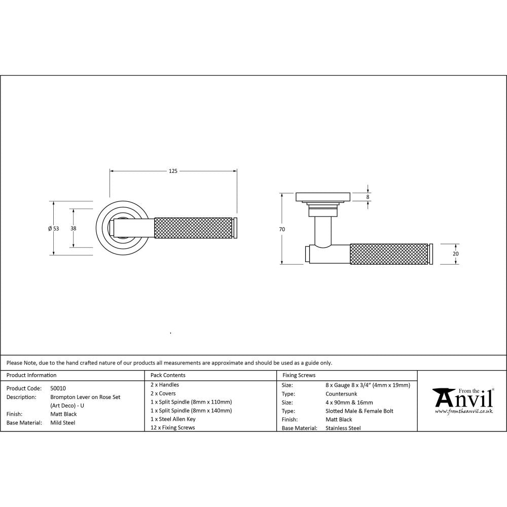 This is an image showing From The Anvil - Matt Black Brompton Lever on Rose Set (Art Deco) - Unsprung available from trade door handles, quick delivery and discounted prices