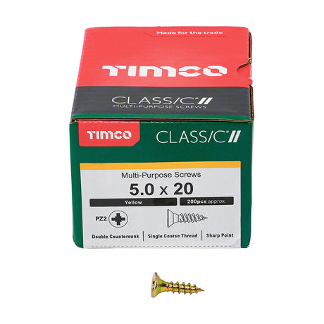 This is an image showing TIMCO Classic Multi-Purpose Screws - PZ - Double Countersunk - Yellow - 5.0 x 20 - 200 Pieces Box available from T.H Wiggans Ironmongery in Kendal, quick delivery at discounted prices.