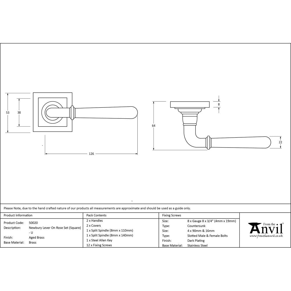 This is an image showing From The Anvil - Aged Brass Newbury Lever on Rose Set (Square) - Unsprung available from trade door handles, quick delivery and discounted prices