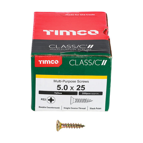 This is an image showing TIMCO Classic Multi-Purpose Screws - PZ - Double Countersunk - Yellow - 5.0 x 25 - 200 Pieces Box available from T.H Wiggans Ironmongery in Kendal, quick delivery at discounted prices.