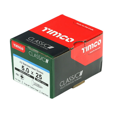 This is an image showing TIMCO Classic Multi-Purpose Screws - PZ - Pan Head - A2 Stainless Steel - 5.0 x 25 - 200 Pieces Box available from T.H Wiggans Ironmongery in Kendal, quick delivery at discounted prices.
