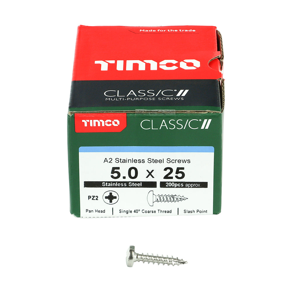 This is an image showing TIMCO Classic Multi-Purpose Screws - PZ - Pan Head - A2 Stainless Steel - 5.0 x 25 - 200 Pieces Box available from T.H Wiggans Ironmongery in Kendal, quick delivery at discounted prices.