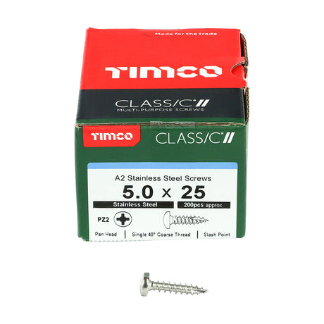 This is an image showing TIMCO Classic Multi-Purpose Screws - PZ - Pan Head - A2 Stainless Steel - 5.0 x 25 - 200 Pieces Box available from T.H Wiggans Ironmongery in Kendal, quick delivery at discounted prices.