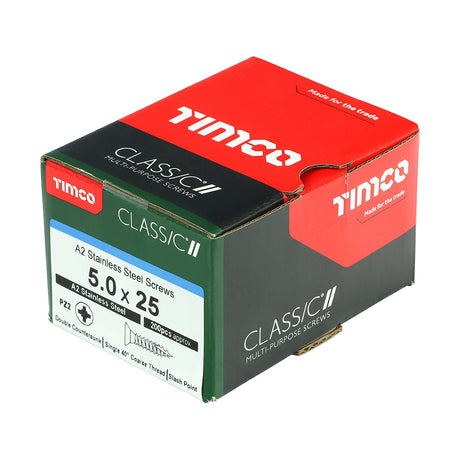 This is an image showing TIMCO Classic Multi-Purpose Screws - PZ - Double Countersunk - A2 Stainless Steel
 - 5.0 x 25 - 200 Pieces Box available from T.H Wiggans Ironmongery in Kendal, quick delivery at discounted prices.
