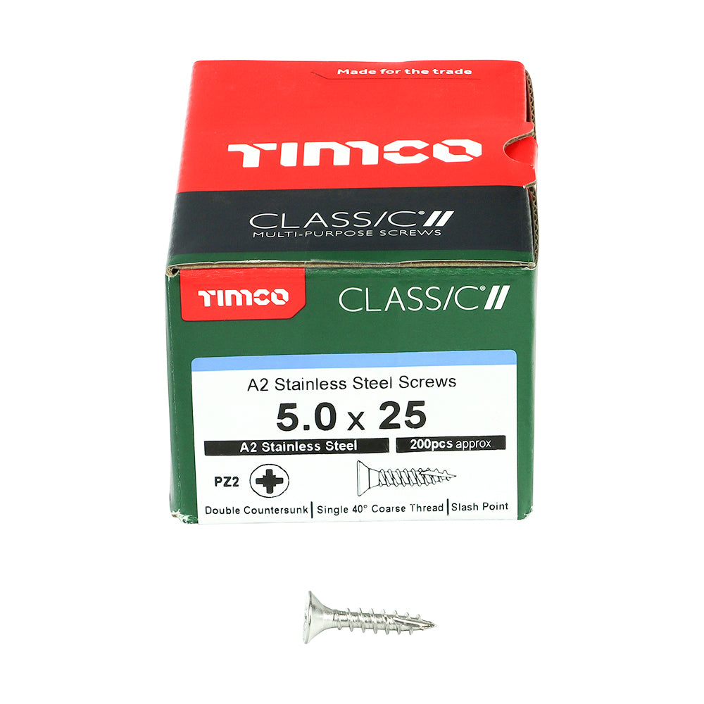 This is an image showing TIMCO Classic Multi-Purpose Screws - PZ - Double Countersunk - A2 Stainless Steel
 - 5.0 x 25 - 200 Pieces Box available from T.H Wiggans Ironmongery in Kendal, quick delivery at discounted prices.